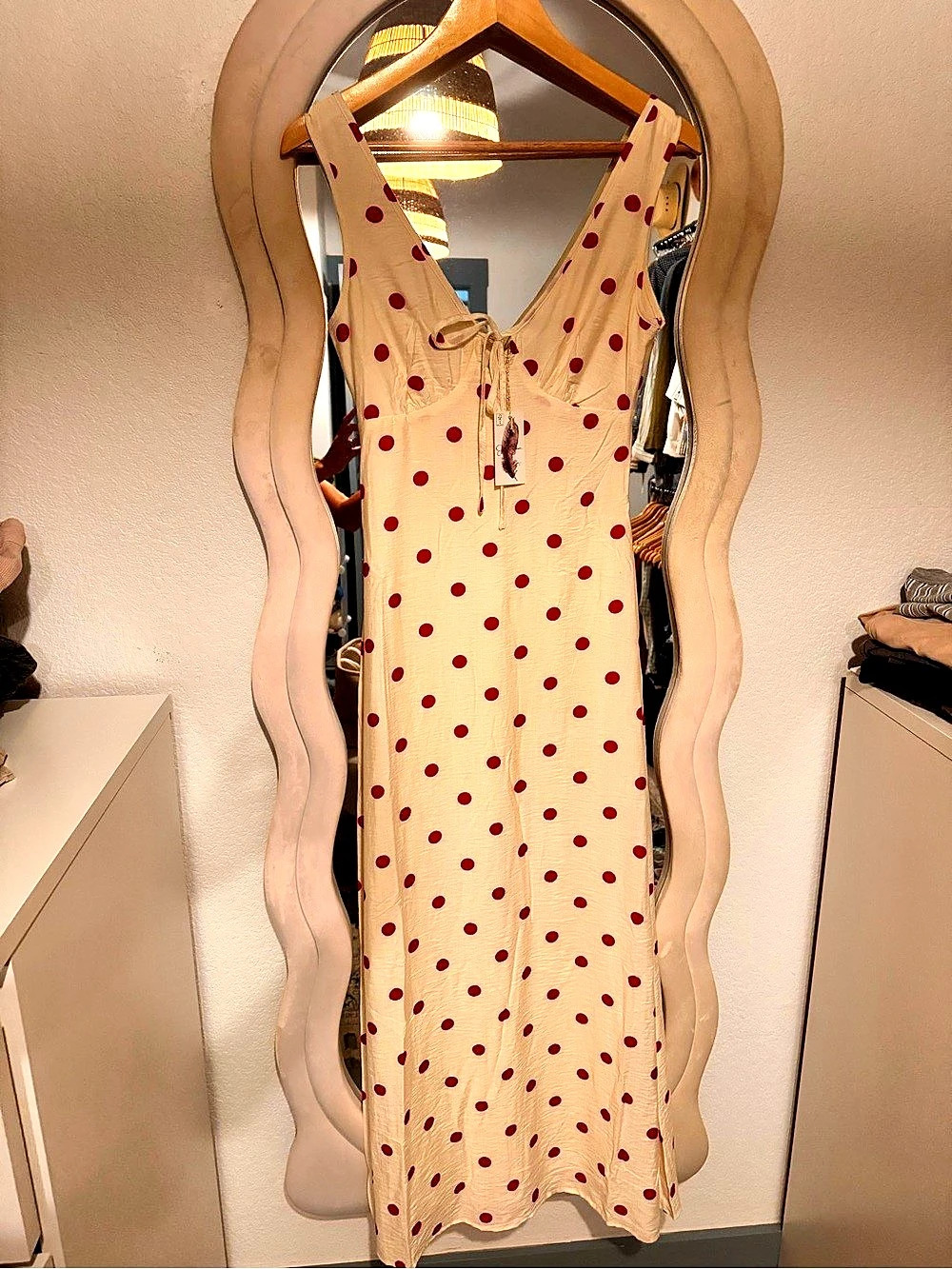 NWT Jessica Simpson Polka Dot Tie-Front Maxi Dress in Cream & Red